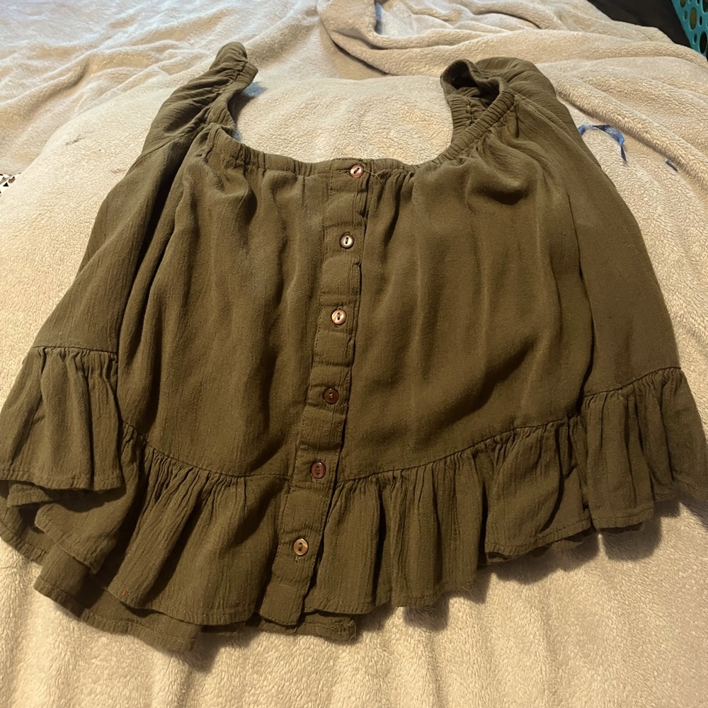 Full Tilt olive Ruffle Button-Up Blouse